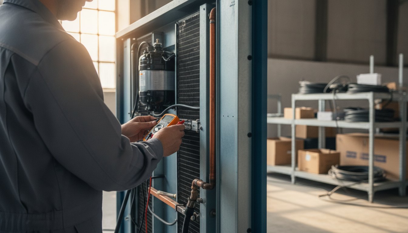 Técnico inspecionando o painel traseiro de uma geladeira comercial nos bastidores de um pavilhão de eventos.