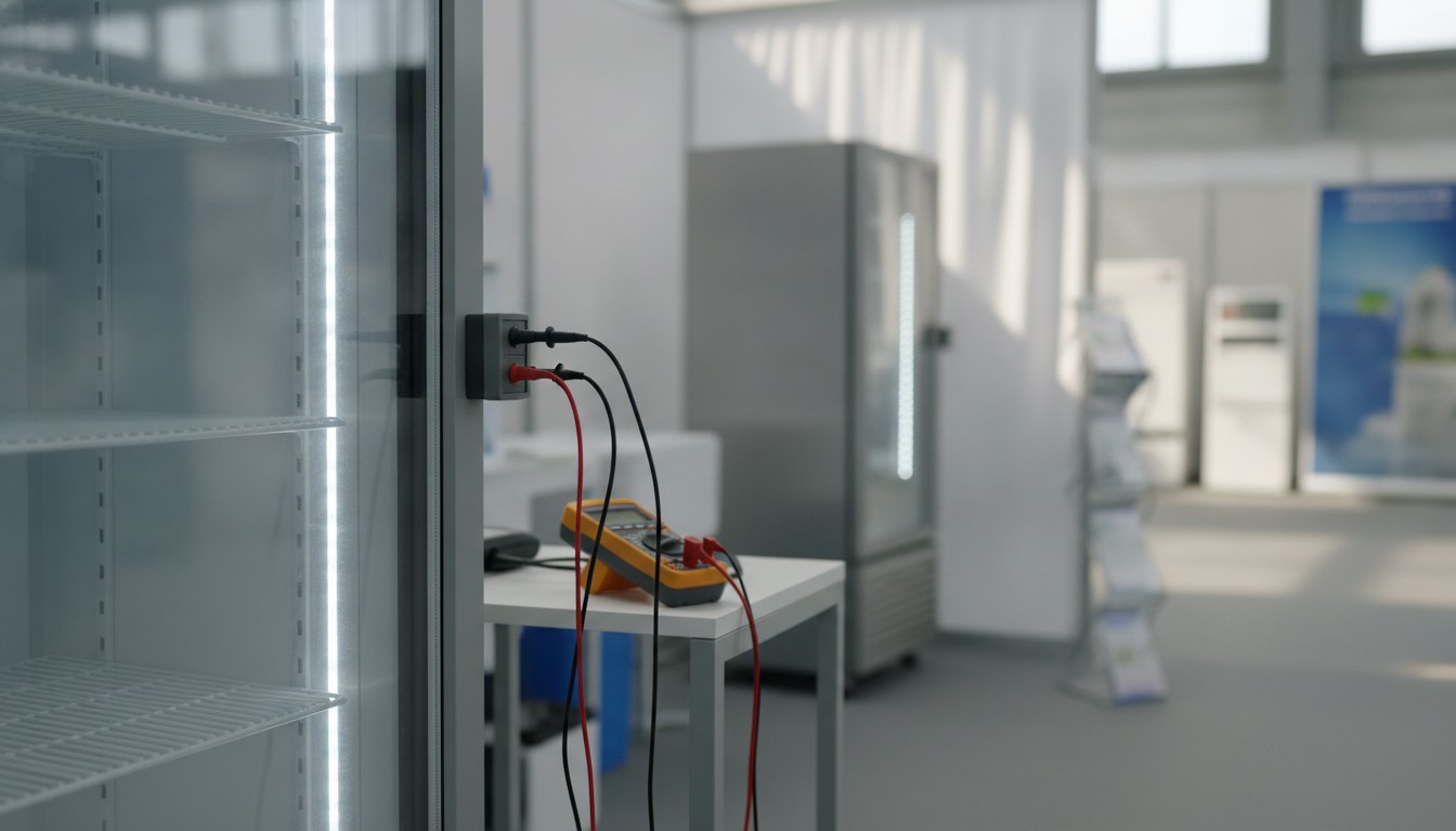 Técnico mede a tensão elétrica na tomada de um refrigerador comercial em um estande.