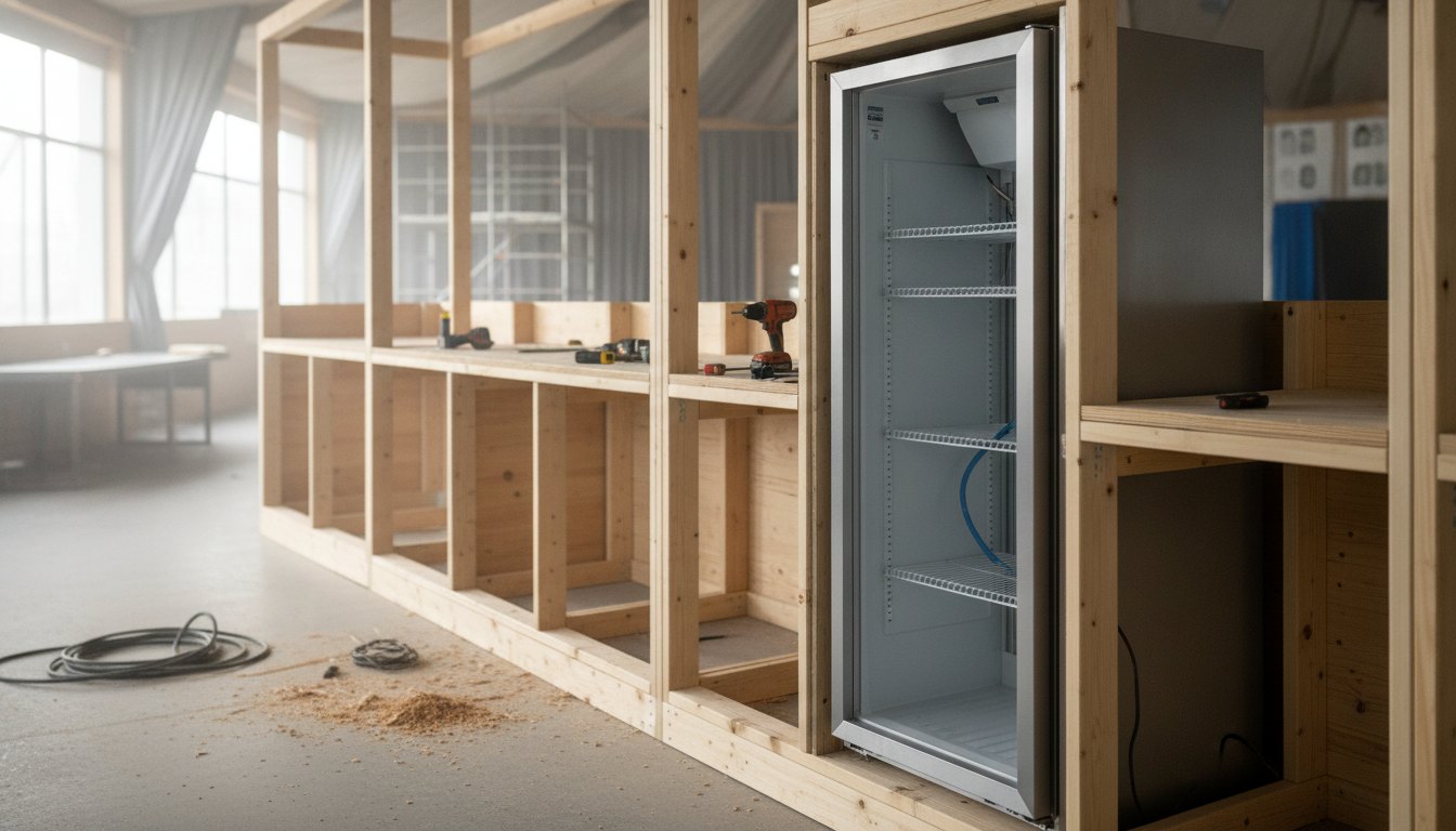 Refrigerador comercial embutido em balcão de madeira durante a montagem de um pavilhão de eventos.